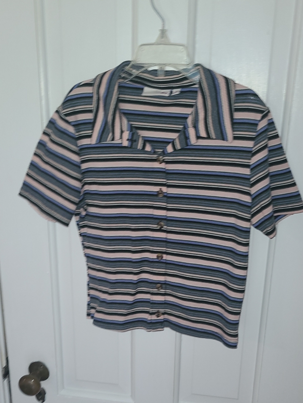Striped Button-Up Short Sleeve StripedTop in Pink, Blue, Green, Black, Size S